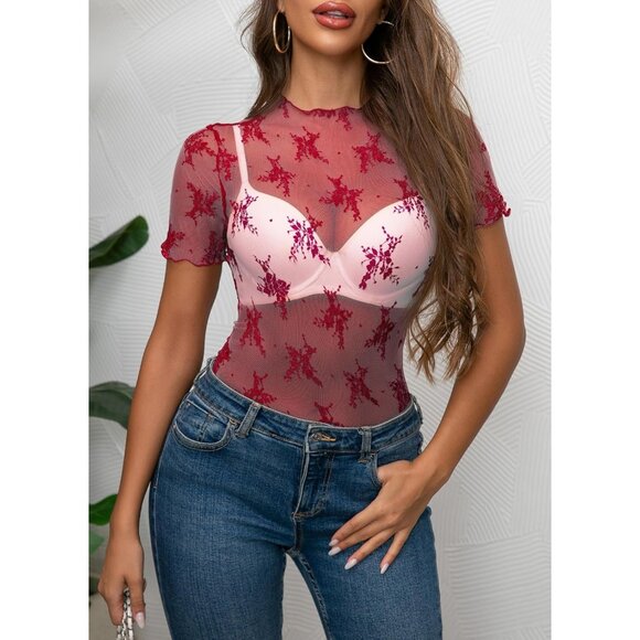 🆕Women's Red Polyamide Mesh Sheer Long Sleeve Mock Neck Lace Floral Blouse - Picture 2 of 6